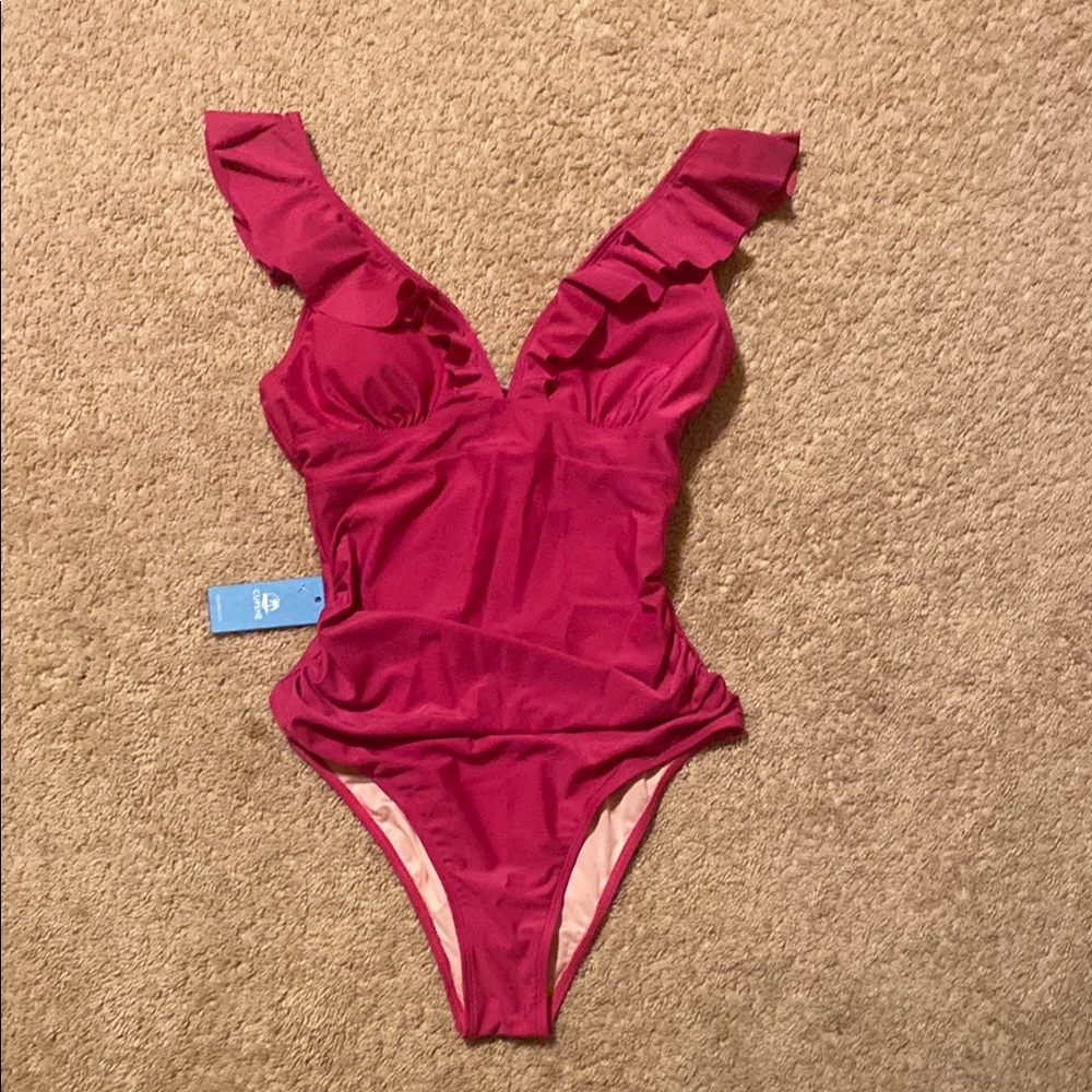 Ruffled V-Neck Swimsuit in Pink